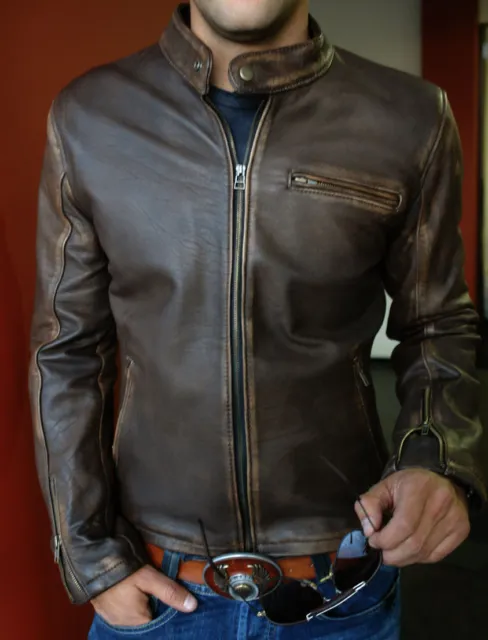 Giacca in pelle nuova da uomo biker vintage moto effetto invecchiato marrone cafe racer