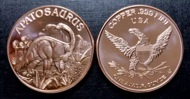 Dinosaurs -  Apatosaurus  1oz. Pure Copper Bullion Round!!