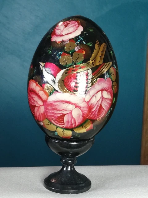 Oeuf En Bois Décoré à La Main - Style Russe Avec Fils D'Or Et Flocon De Neige - Vert - Cadeau De Noël - Neuf