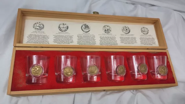 Old Sailer German Schapps Shot Glass Set x6 Wooden Box Vintage inlaid Medallions