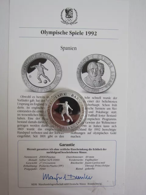 Spanien Spain 2000 Pesetas 1990 Olympiade Barcelona 1992 Fussball Silber PP