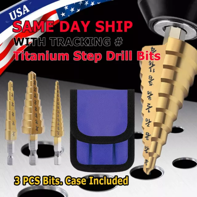 3Pcs Drill Bit Set Titanium Nitride Coated Steel Step Quick Change 1/4 Shank HSS
