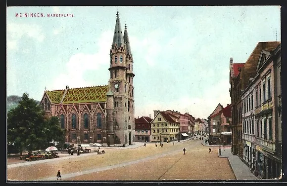 Meiningen, Marktplatz mit Kirche, Ansichtskarte 1915