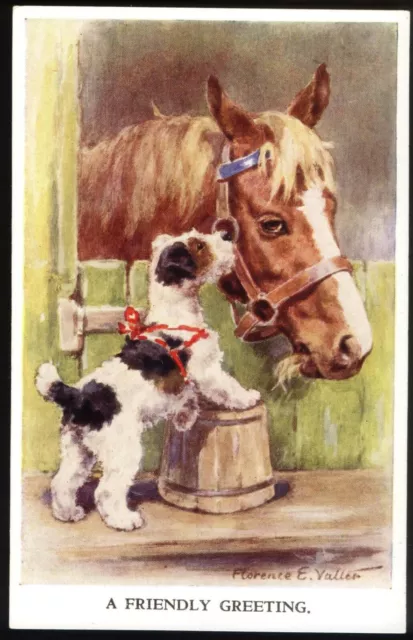 Fox Terrier & Horse. 1930s Vintage Florence Valter Postcard. Free p&p