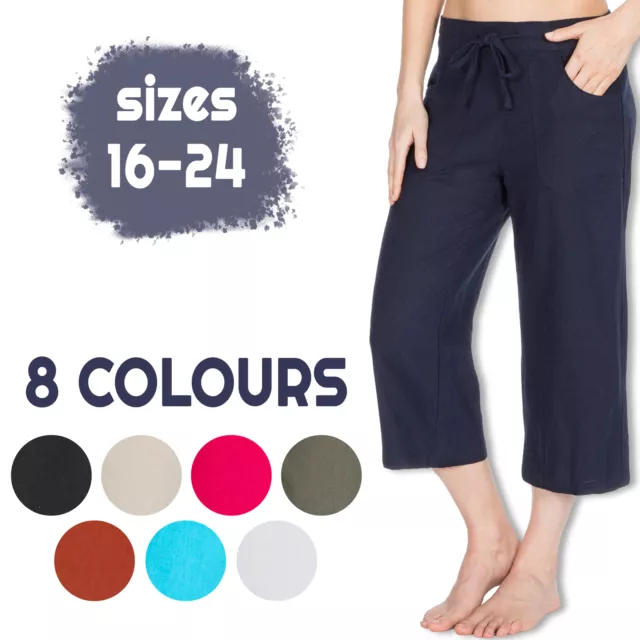METZUYAN WOMENS CROPPED Linen Capri Pants 3/4 Summer Shorts Plus