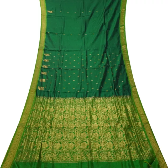 Verde Vintage Sari 100% Pura Seta Zari Cucito a Mano South Indiano 4.6m Stoffa