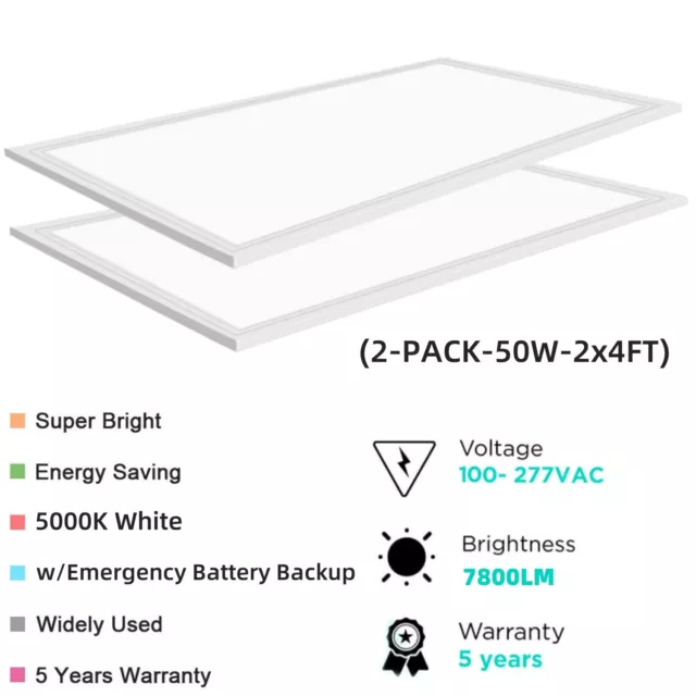 2 Pack 2x4 LED Flat Panel Light w/Emergency Battery Backup - 2x4 Emergency Light