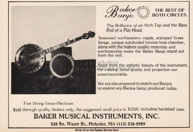 1978 Baker Banjo Five String Tenor Plectrum Holyoke MA Photo Magazine Print Ad