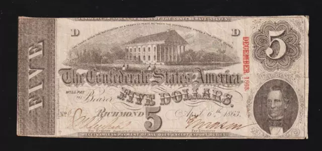 1863 $5 Five Dollar Confederate States of America Bill Civil War Richmond Note