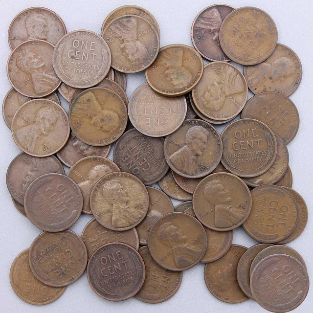 1929 D Lincoln Wheat Cent Roll 50 Circulated Pennies US Coins