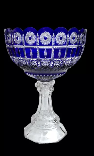 Bohemian Cobalt Blue Cut To Clear Crystal Glass Centerpiece Pedestal Bowl Large