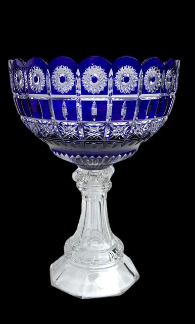 Bohemian Cobalt Blue Cut To Clear Crystal Glass Centerpiece Pedestal Bowl Large Bohemian Cobalt Blue Cut To Clear Crystal Glass Centerpiece Pedestal Bowl Large