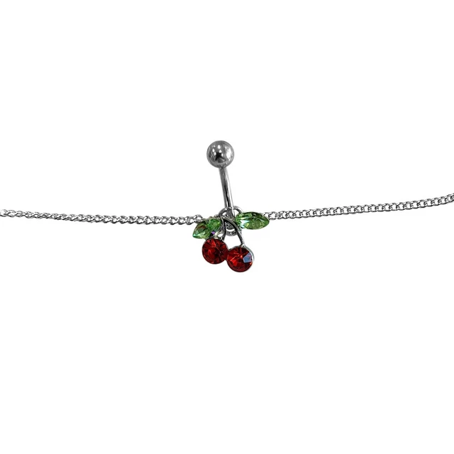 Belly Chain Navel Ring Surgical Steel Waist with Red Cherry CZ Non-Dangle 14G