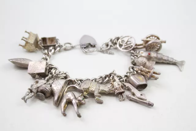 Sterling Silver Charm Bracelet Heart Padlock Fish Cannon Cat (72g)