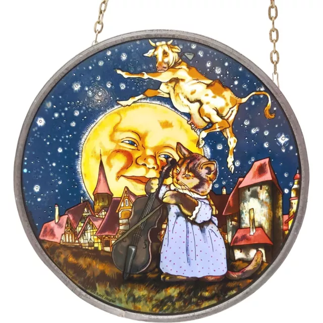 Glassmasters Stained Glass Suncatcher, 6.5" vtg 1980s Cat Moon Cow Nursery Rhyme