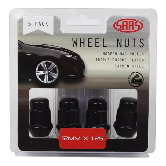 SAAS Wheel Nuts Acorn Bulge M12x1.25 Black 35mm (5 Pack) 335355BC