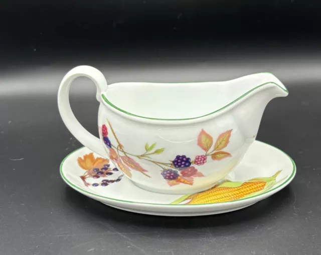 Royal Worcester 'Evesham Vale' Green Rim Sauce/Gravy Boat & Underplate 1986