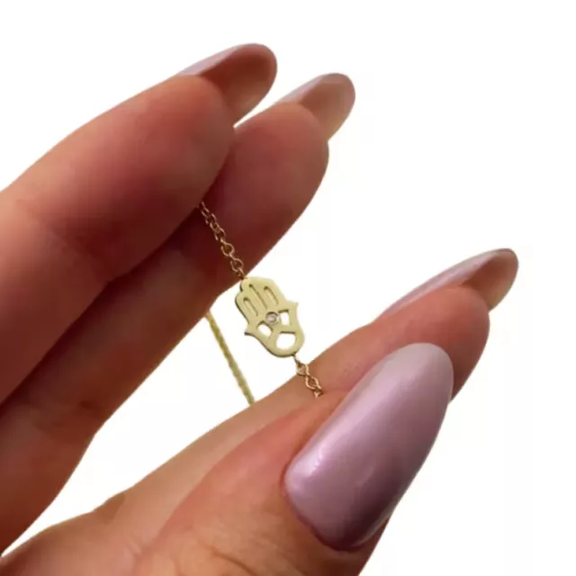 Hamsa Bracelet with Diamond 14k Yellow Gold Hand of Fatima Protection Jewelry
