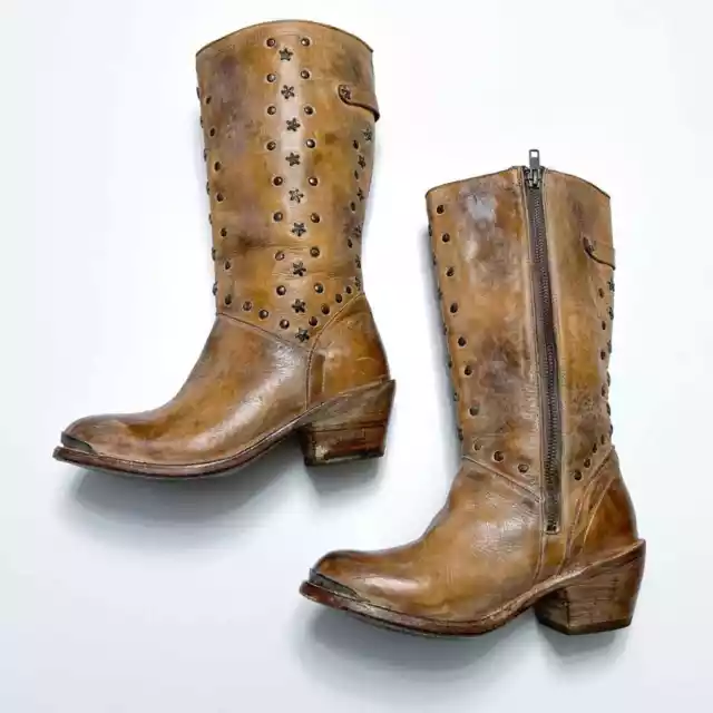 Bed Stu Cobbler Series Tan Leather Star Studded High Heel Tall Riding Boots