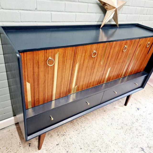 Mid Century Vintage Cocktail Drinks Cabinet Sideboard In Navy And Gold