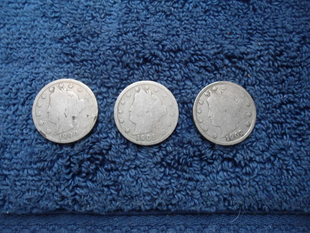 1900, 1901 And 1902 Liberty Head V Nickel, Lot Of Three