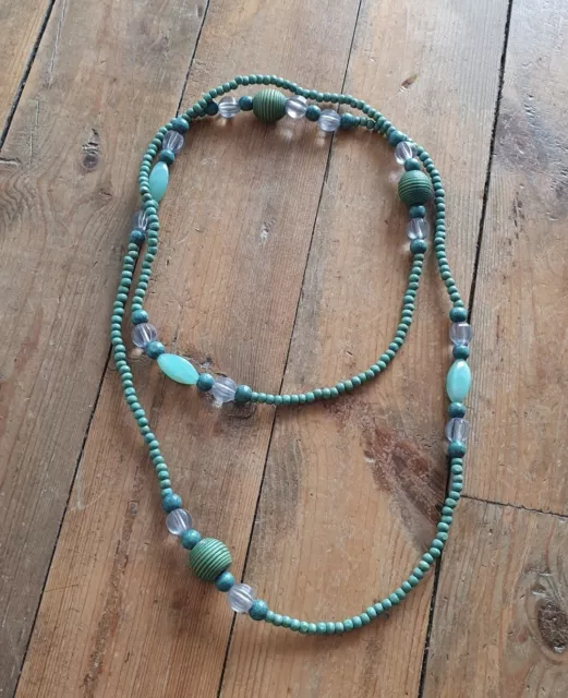 Collier Fantaisie Sautoir Vert Turquoise Grosses Perles En Bois Et Plastique