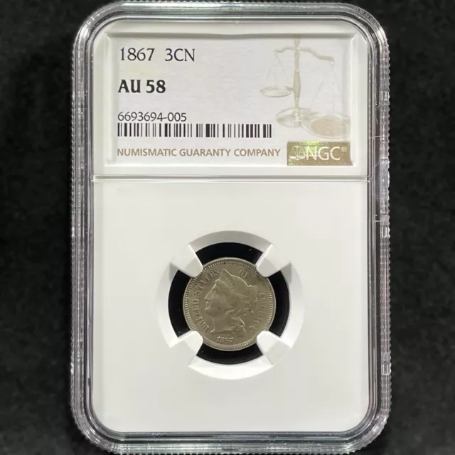 1867 3cN Three Cent Nickel Type Coin Choice Almost Uncirculated NGC AU58