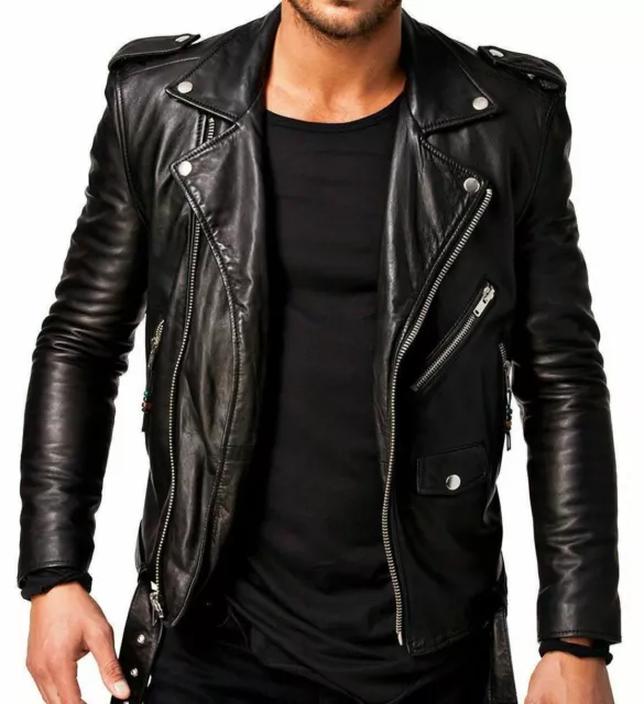 Men's Motorcycle Leather Jacket Black Slim Fit Biker Genuine Lambskin Jacket