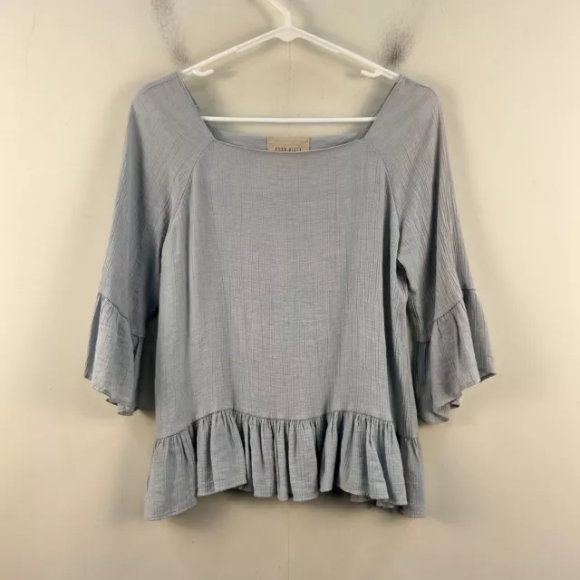 Moon River Womens Medium Blouse Top Gray Woven 3/4 Slv Ruffle Pullover 20484