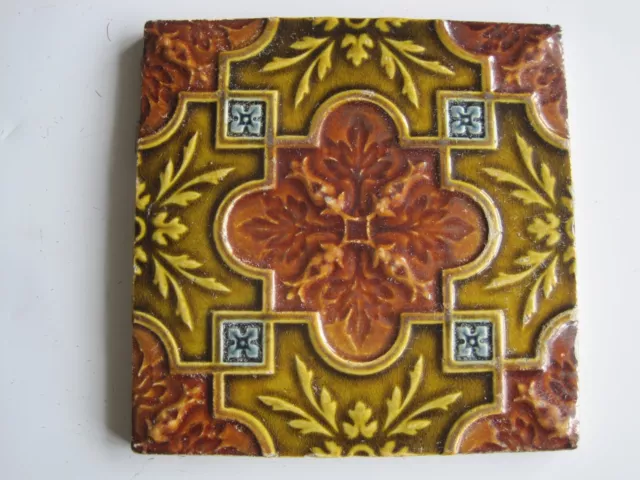 Antique 6" Sq. Moulded & Majolica Glazed Aesthetic Design Tile - T & R Boote?