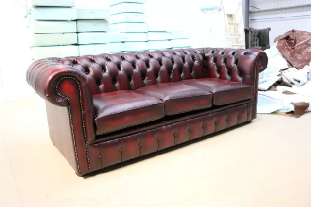 New Chesterfield 3 Seater Sofa Real Leather Vintage Oxblood Red Made In England