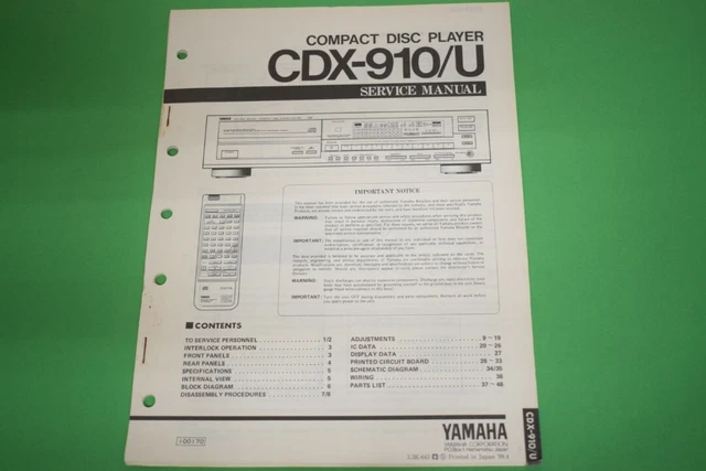 Instructions d'entretien originales et schéma lecteur CD Yamaha CDX-910U !!