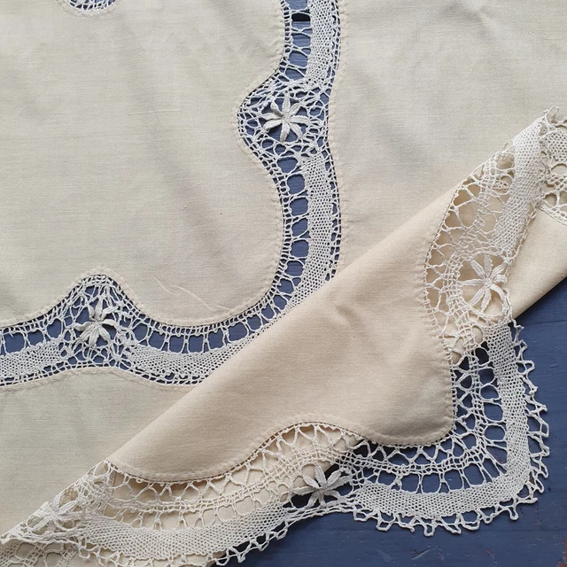 Beautiful vintage crochet lace on cream linen tablecloth, hand sewn 34 x 36"