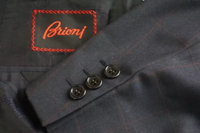 Brioni Traiano Navy Blue Orange Windowpane Plaid Wool Sport Coat Jacket Sz 46R