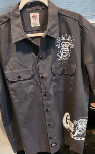 Gas Monkey Garage Dickies Work Shirt Gray Short Sleeve Size Large 2 Flap Pockets