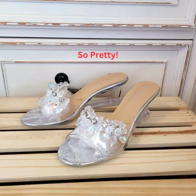 Clear Transparent Open Slides High Heel Wedge Sandal with Crystal Rhinestone 7.5