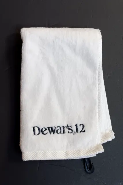 Dewar's 12 Scotch Bar Hand Towel White Black Embroidered Logo w/Clip Promo Ad