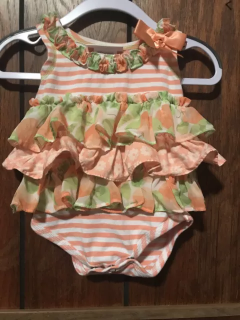 Bonnie Baby Ruffle  Romper  Peach & Green Floral & Striped 6-9 Months Preowned