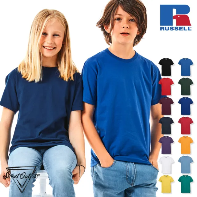 Kids Heavy Cotton T-Shirt Russell Plain School Uniform Girls Boys Childrens Top