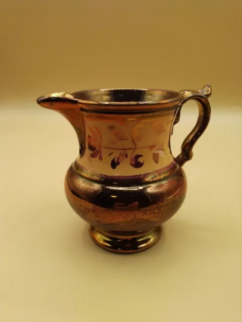 VINTAGE English Copper Lusterware Art Pottery Pitcher w/ Peach Floral Band