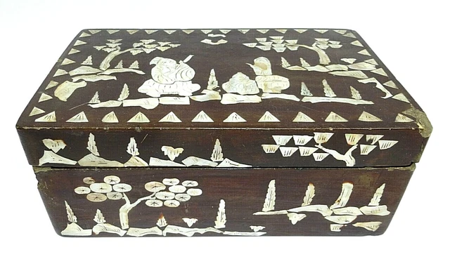 Boîte à Bijoux Ancienne En Marqueterie De Bois Et Nacre - Style Oriental Vintage
