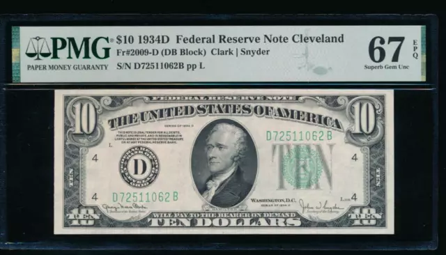 AC 1934D $10 Cleveland FRN PMG 67 EPQ Fr 2009-D
