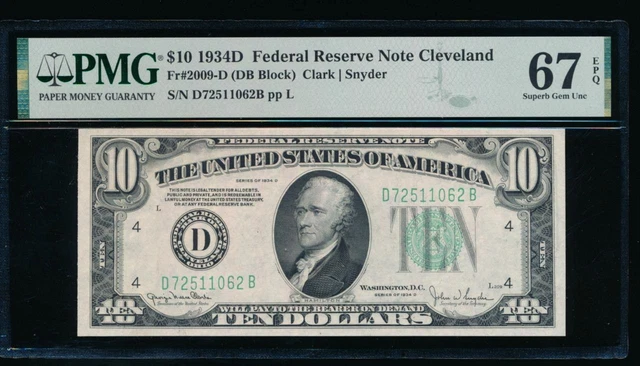 AC 1934D $10 Cleveland FRN PMG 67 EPQ Fr 2009-D