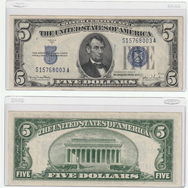 Rare 1934 $5 Five Dollar United States Silver Certificate Blue Seal Bill