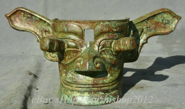 9" Antique Old Chinese Bronze Ware Dynasty Palace Sanxingdui Head Face Mask