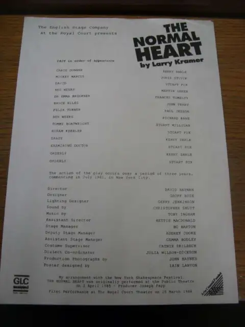 20/03/1986 Theatre Cast List: The Normal Heart, by Larry Kramer [At Royal Court]