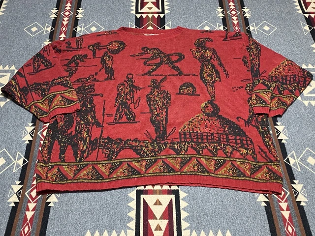 MAX STUDIO Vintage Knit Sweater Pullover USA Aztec Art Western Sz 0 Cotton ZY