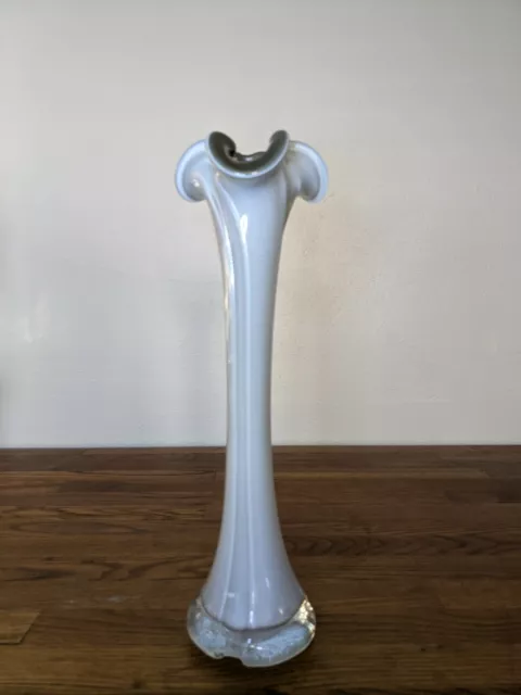 Vintage Art Glass Tulip Vase Gray/Silver Matte with White Case.