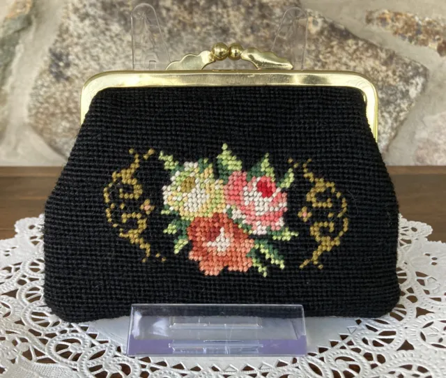 Vintage Black Needlepoint Floral Purse with Kiss Lock, Coins/Change/Bills