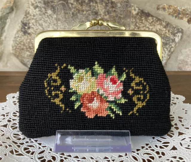 Vintage Black Needlepoint Floral Purse with Kiss Lock, Coins/Change/Bills